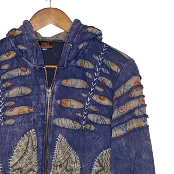 Rising International Womens Razor Cut Patch Full Zip Hoodie L Nepal Boho Hippie - Picture 4 of 16